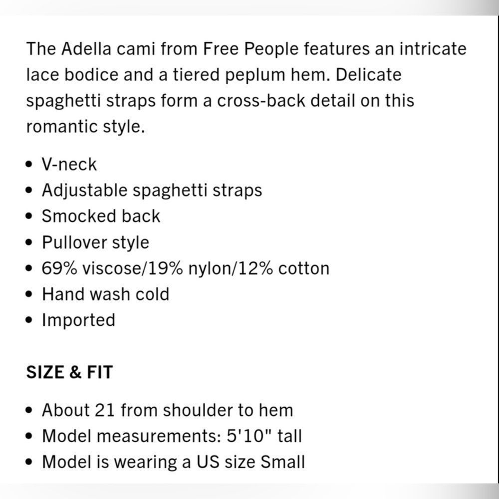 FreeĀ PeopleāAdella White Cami Size Small NWT - Picture 7 of 11